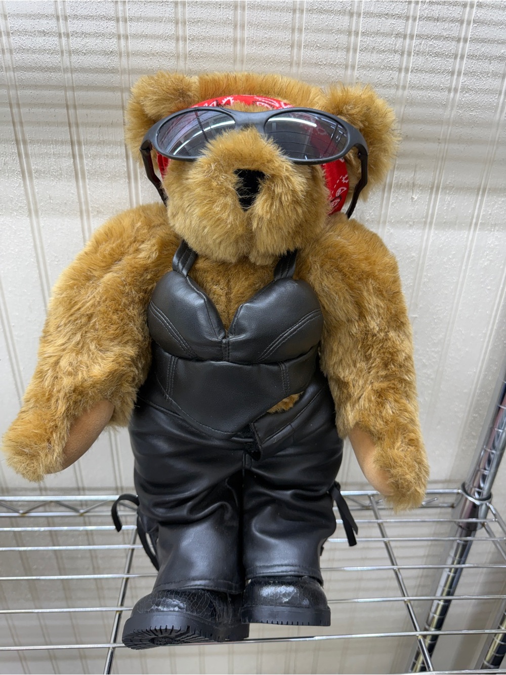 Authentic Vermont Teddy Bear Biker Bear in Faux leather, bandana & sunglasses.